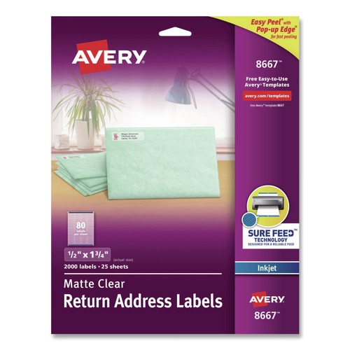 Labels | Avery 08667 0.5 in. x 1.75 in. Matte Clear Easy Peel Mailing Labels with Sure Feed Technology for Inkjet Printers - Clear (80/Sheet, 25 Sheets/Pack) image number 0