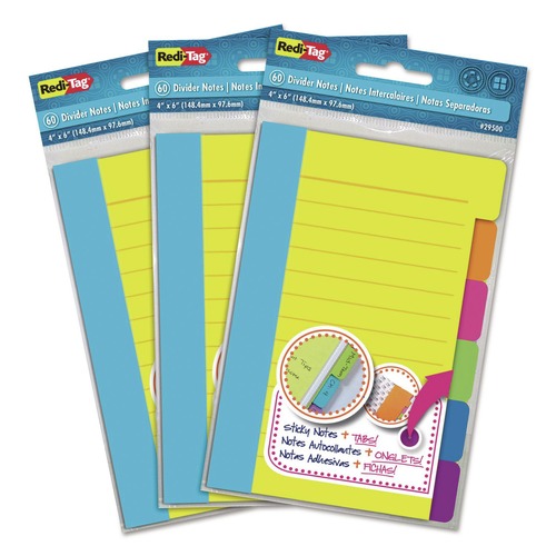 Notebooks & Pads | Redi-Tag B10245 4 in. x 6 in. 6-Tab Sets Note Ruled Divider Sticky Notes - Assorted Colors (3/Box) image number 0