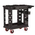 Cleaning Carts | Suncast Commercial PUCHD1937 19.5 in. x 41.78 in. x 34.81 in. 500 lbs. Capacity 2 Shelves 6 Bins Plastic Heavy Duty Plus Utility Cart - Black image number 0