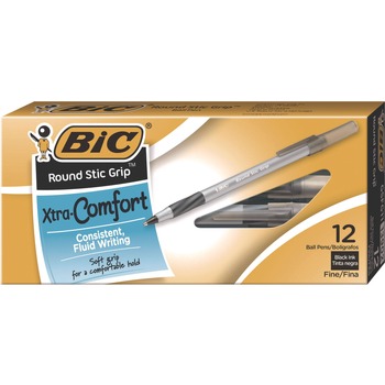 BIC GSFG11 BLK Round Stic Grip Xtra Comfort Fine 0.8 mm. Stick Ballpoint Pen - Black Ink/Gray/Black Barrel (1-Dozen)