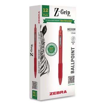 Zebra 20630 Z-Grip Medium 1 mm Recycled Retractable Ballpoint Pen - Red Ink/Red Barrel (1-Dozen)