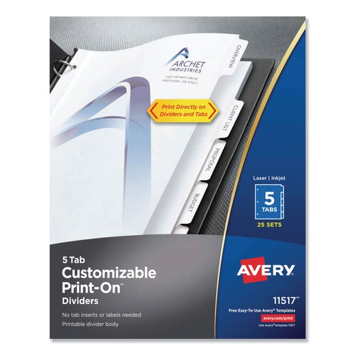 Dividers & Tabs | Avery 11517 Print-On 11 in. x 8.5 in. 5-Tab 3-Hole Customizable Punched Dividers - White (125/Pack) image number 0