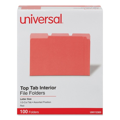 File Folders | Universal UNV12303 1/3-Cut Assorted Tab Interior File Folders - Letter Size, Red (100/Box) image number 0