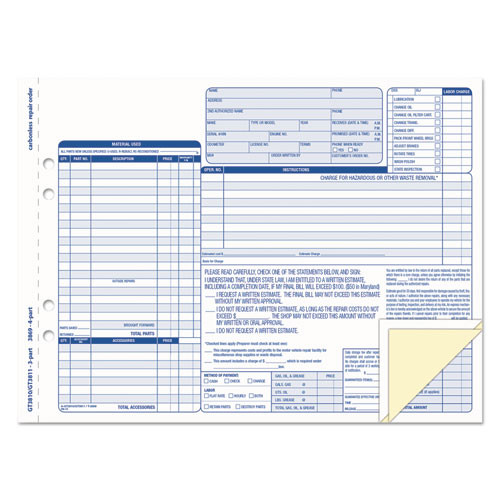 Retail Store Supplies | TOPS 3869 11 x 8.5 Auto Repair Four-Part Carbonless Order Form (50/Pack) image number 0