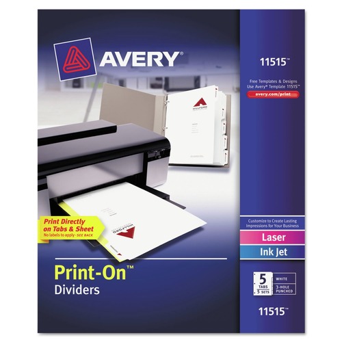 Dividers & Tabs | Avery 11515 Print-On 11 in. x 8.5 in. 5-Tab 3-Hole Customizable Punched Dividers - White (5/Pack) image number 0