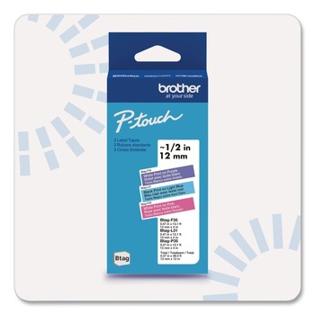 Brother P-Touch BTAG3M02 0.47 in. x 13.1 ft. Genuine P-Touch BTAG Label Tapes - White on Purple, Black on Light Blue, White on Pink