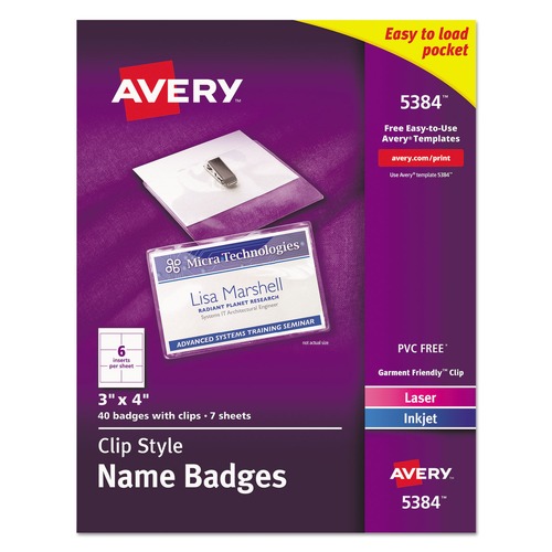 Label & Badge Holders | Avery 05384 4 in. x 3 in. Top Load Clip-Style Name Badge Holder with Laser/Inkjet Insert - White (40/Box) image number 0