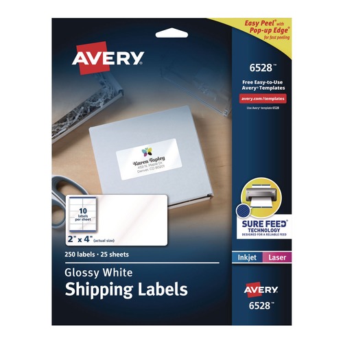 Labels | Avery 06528 Easy Peel 2 in. x 4 in. Inkjet/Laser Printers Mailing Labels with Sure Feed Technology - Glossy White (250/Pack) image number 0