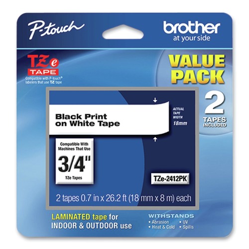 Tapes | Brother P-Touch TZE2412PK Tze Standard Adhesive Laminated Labeling Tape, 0.7-in X 26.2 Ft, Black On White, 2/pack image number 0