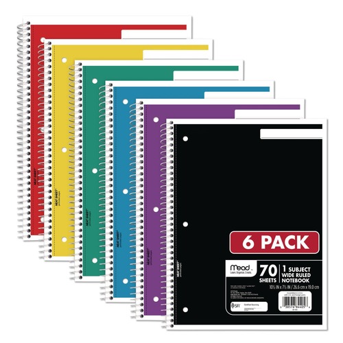Notebooks & Pads | Mead 73063 (70) 10.5 in. x 8 in. Sheets 1-Subject Wide/Legal Rule Spiral Notebook - Assorted Cover Colors (6/Pack) image number 0