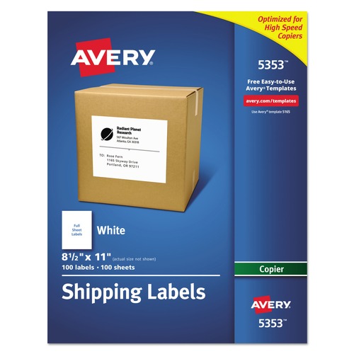 Labels | Avery 05353 8.5 in. x 11 in. Copier Mailing Labels - White (100/Box) image number 0