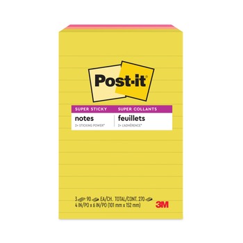 Post-it Notes Super Sticky 660-3SSJOY 4 in. x 6 in. Note Ruled Note Pads - Summer Joy Collection Colors (3-Pads/Pack)