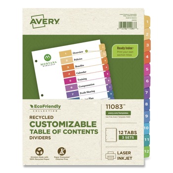 Avery 11083 Ready Index 11 in. x 8.5 in. 12-Tab 1 to 12 Customizable Table of Contents Dividers with Multicolor Tabs - White (3/Pack)