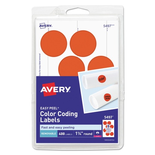 Labels | Avery 05497 1.25 in. Diameter Printable Self-Adhesive Removable Color-Coding Labels - Neon Red (8/Sheet, 50 Sheets/Pack) image number 0