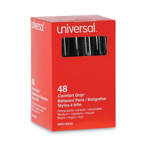 Pens | Universal UNV15533 1 mm Comfort Grip Retractable Ballpoint Pens - Medium, Black (48/Pack) image number 0