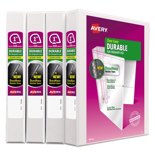 Binders | Avery 17575 3 Slant Rings 1 in. Capacity 11 in. x 8.5 in. Durable View Binder with DuraHinge - White (4/Pack) image number 0