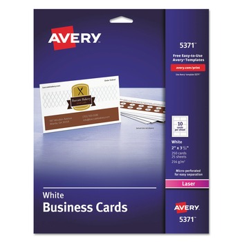 Avery 05371 2 in. x 3.5 in. Printable Microperforated Business Cards with Sure Feed Technology - White (250 Cards, 10/Sheet, 25 Sheets/Pack)