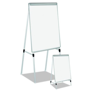 EASELS | MasterVision EA2300335 28 in. x 39.5 in. Silver Easy Clean Dry Erase Quad-Pod Presentation Easel - White Surface/Black/Satin Aluminum Frame