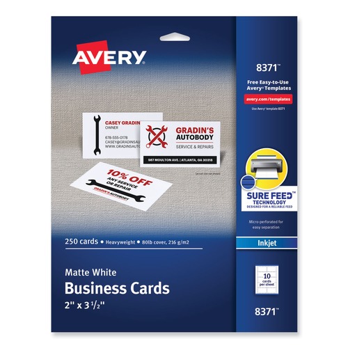 Office & Office Supplies | Avery 08371 2 x 3.5 Printable Microperforated Business Cards with Sure Feed Technology - White (250/Pack) image number 0