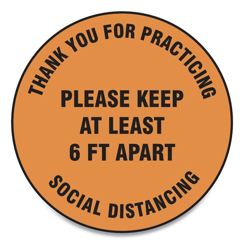 Floor Signs & Safety Signs | GN1 MFS428ESP 12 in. Circle "Thank You For Practicing Social Distancing Please Keep At Least 6 ft. Apart" Slip-Gard Floor Signs - Orange (25/Pack) image number 0