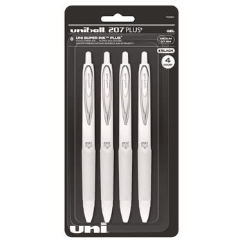 uni-ball 70652 207 Plusplus 0.7 mm Retractable Gel Pen - Black Ink/White Barrel/Medium (4/Pack)