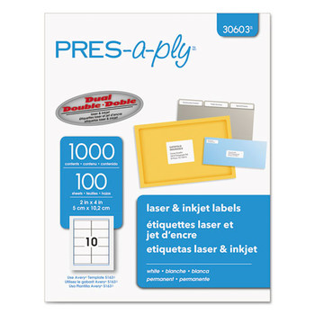 PRODUCTS | PRES-a-ply 30603 2 in. x 4 in. Laser Printer Labels - White (10/Sheet, 100 Sheets/Box)