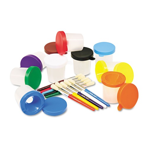 Arts & Crafts Supplies | Creativity Street PAC5104 No-Spill Cups and Coordinating Brushes - Assorted Color Lids/Clear Cups (10/Set) image number 0