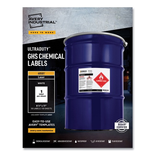 Labels | Avery 60501 UltraDuty 8.5 in. x 11 in. GHS Chemical Waterproof and UV Resistant Labels - White (50/Box) image number 0