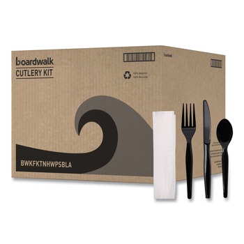 Boardwalk BWKFKTNHWPSBLA Heavyweight Fork/Knife/Napkin/Teaspoon 4-Piece Plastic Cutlery Kit - Black (250/Carton)