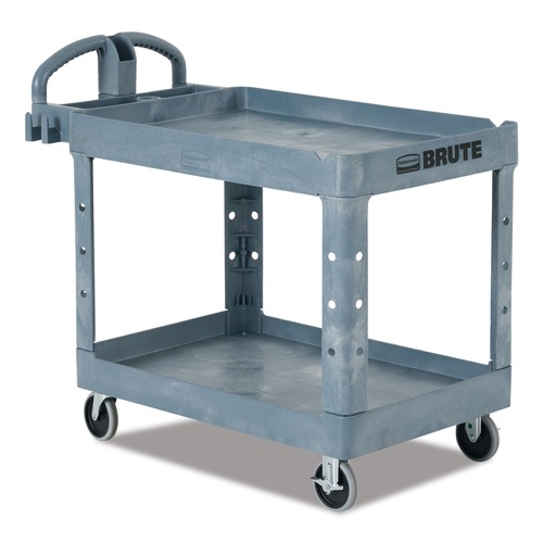 Cleaning Carts | Rubbermaid Commercial 2192463 BRUTE Heavy-Duty Ergo Handle Utility Cart Plastic 2 Shelves 750 lb Capacity 26-in x 55-in x 33.25-in Gray image number 0