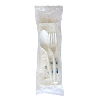 Boardwalk BWK6COMBOKITPP 5.86 in. 6-Piece Mediumweight Plastic Cutlery Fork/Knife/Napkin/Pepper/Salt/Spoon Kit - White (250/Carton)