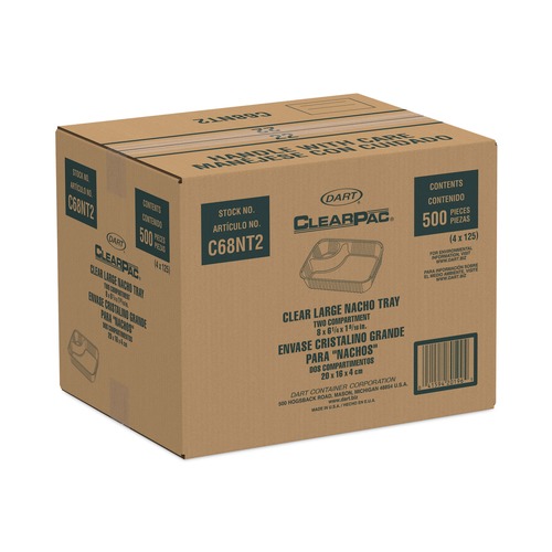 Food Trays, Containers, and Lids | Dart C68NT2 ClearPac 6.2 in. x 6.2 in. x 1.6 in. 3.3 oz. 2-Compartments Plastic Nacho Tray - Large Clear (500/Carton) image number 0