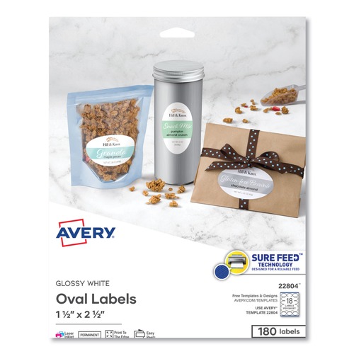 Back to School Sale | Avery 22804 1.5 in. x 2.5 in. Oval Labels with Sure Feed and Easy Peel - Glossy White (180/Pack) image number 0