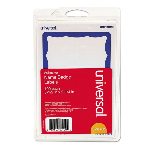 Universal | Universal UNV39120 3-1/2 in. x 2-1/4 in. Border-Style Self-Adhesive Name Badges - White/Blue (100/Pack) image number 0