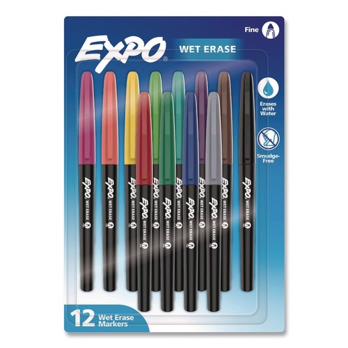 Washable Markers | EXPO 2211379 Wet Erase Markers Fine Needle Tip Assorted Colors 12/Pack image number 0