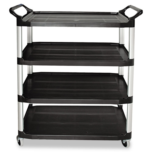 Just Launched | Rubbermaid Commercial FG409600BLA 40.63 in. x 20 in. x 51 in. 400 lbs. Capacity 4 Shelves Plastic Xtra Utility Cart with Open Sides - Black image number 0