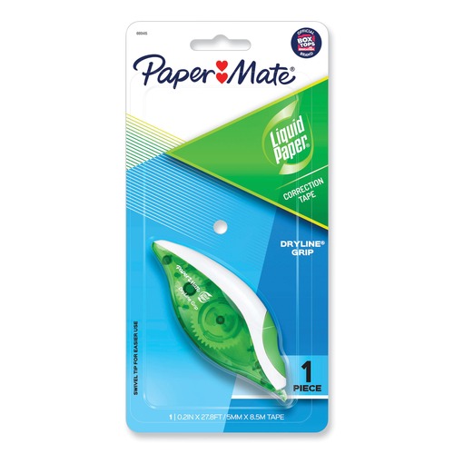 Erasers & Correction Supplies | Paper Mate Liquid Paper 660415K 0.2 in. x 335 in. DryLine Grip Non-Refillable Correction Tape - Gray/Green Applicator image number 0