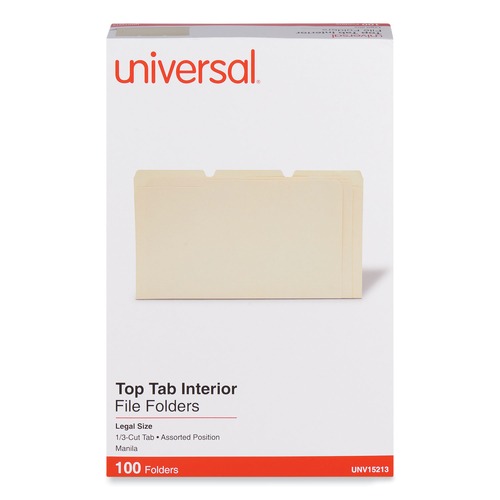File Folders | Universal UNV15213 1/3-Cut Tabs Interior File Folders - Legal Size, Manila (100/Box) image number 0