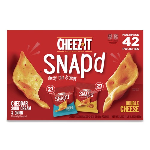 Snacks | Cheez-It 2410011500 Snap'd 0.75 oz. Bag Crackers Variety Pack - Cheddar Sour Cream and Onion/Double Cheese (42/Carton) image number 0