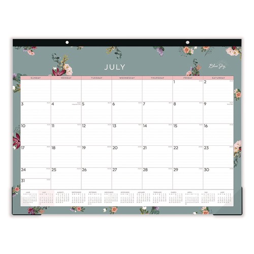 Bulletin Boards | Blue Sky 136476 Greta 22 in. x 17 in. 12-Month (July-June) 2024-2025 Floral Artwork Academic Year Desk Pad Calendar - White/Green/Pink Sheets image number 0