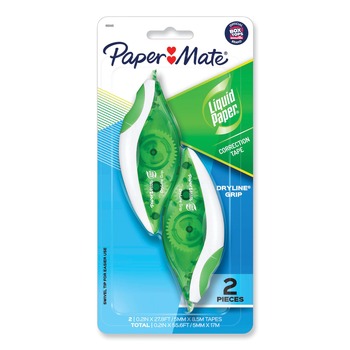 ERASERS AND CORRECTION SUPPLIES | Paper Mate Liquid Paper 662415K 0.2 in. x 335 in. DryLine Grip Non-Refillable Correction Tape - Gray/Green Applicator (2/Pack)