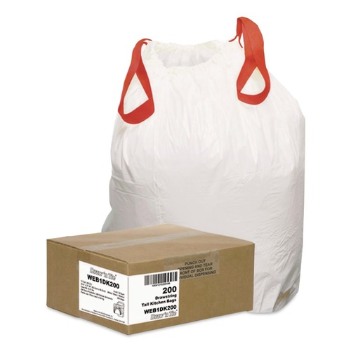 Trash Bags | Draw 'n Tie 1518605 13 Gallon 0.9 Mil 24.5 in. x 27.38 in. Heavy-Duty Trash Bags - White (200/Box) image number 0