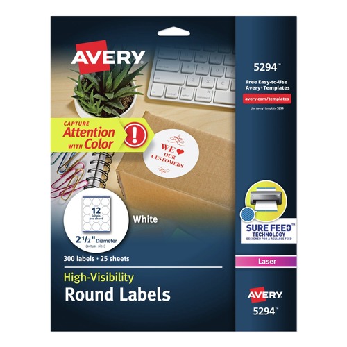 Labels | Avery 05294 2-1/2 in. Diameter Permanent Laser Print-to-the-Edge ID Labels with Sure Feed - White (300/Pack) image number 0