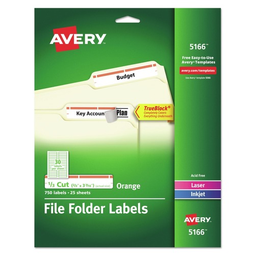 Dividers & Tabs | Avery 05166 TrueBlock 0.66 in. x 3.44 in. Permanent File Folder Labels with Sure Feed Technology - White (30/Sheet, 25 Sheets/Pack) image number 0