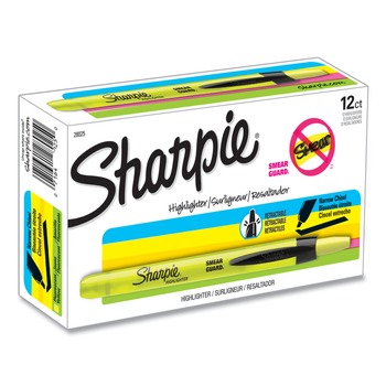 Sharpie 28025 Fluorescent Yellow Ink Chisel Tip Retractable Highlighters - Yellow/Black Barrel (1 Dozen)