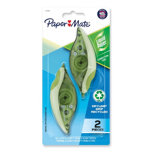 Erasers & Correction Supplies | Paper Mate Liquid Paper 1744480 0.2 in. x 335 in. DryLine Grip Correction Tape - Green/White Applicator (2/Pack) image number 0