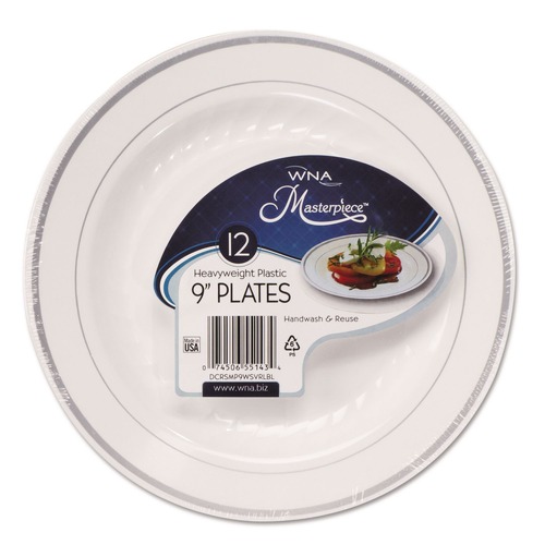 Bowls and Plates | WNA RSMP91210WS 9 in. Diameter Masterpiece Plastic Plates - White/Silver (120/Carton) image number 0