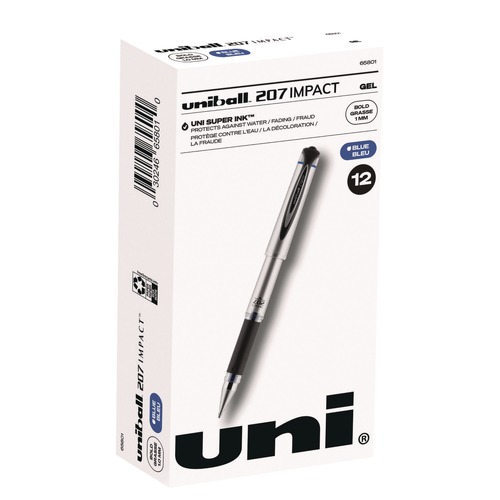 Pens | uni-ball 65801 207 Impact 1 mm Stick Gel Pen - Blue Ink/Silver/Black/Blue Barrel/Bold (1-Dozen) image number 0