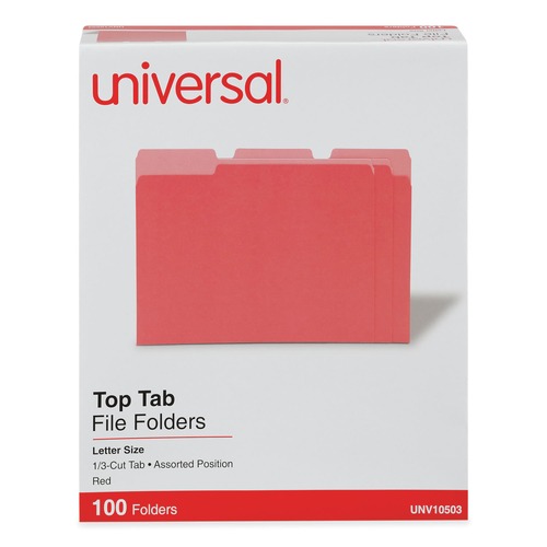 File Folders | Universal UNV10503 1/3-Cut Tabs Deluxe Colored Top Tab File Folders - Letter Size, Red/Light Red (100/Box) image number 0