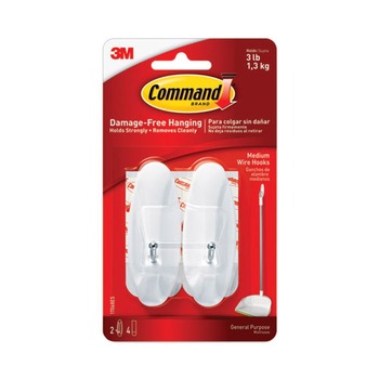Command 17068ES 3 lbs. Capacity Medium Metal General Purpose Wire Hooks - White (2/Pack)